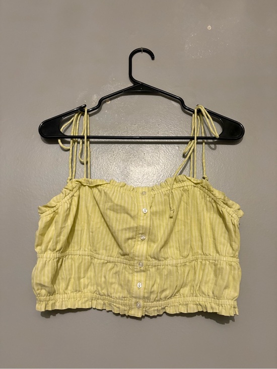 aerie Tops - aerie Yellow Striped Tie-Shoulder Button Crop Top